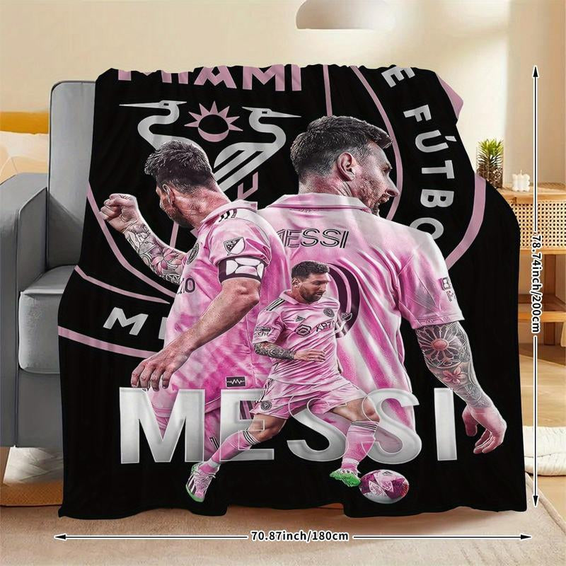1Pc Messi Football Star Flannel Blanket - HD Digital Print, Ultra-Soft & Warm All-Season Throw for Sofa, Bed, Camping, Car - Perfect Gift for Sports Fans, Him or Her, Contemporary Sports Design, Durable Comfort