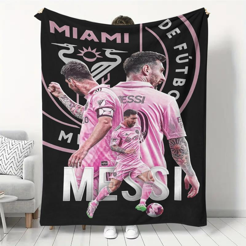 1Pc Messi Football Star Flannel Blanket - HD Digital Print, Ultra-Soft & Warm All-Season Throw for Sofa, Bed, Camping, Car - Perfect Gift for Sports Fans, Him or Her, Contemporary Sports Design, Durable Comfort