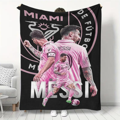 1Pc Messi Football Star Flannel Blanket - HD Digital Print, Ultra-Soft & Warm All-Season Throw for Sofa, Bed, Camping, Car - Perfect Gift for Sports Fans, Him or Her, Contemporary Sports Design, Durable Comfort