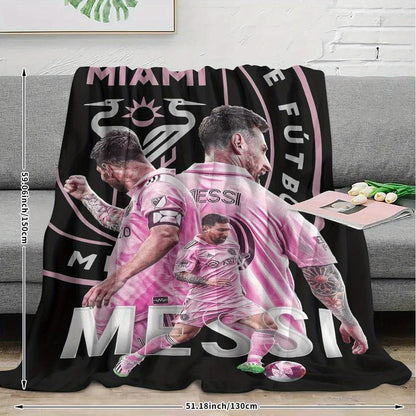1Pc Messi Football Star Flannel Blanket - HD Digital Print, Ultra-Soft & Warm All-Season Throw for Sofa, Bed, Camping, Car - Perfect Gift for Sports Fans, Him or Her, Contemporary Sports Design, Durable Comfort