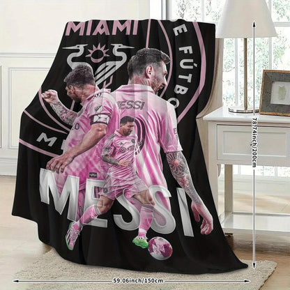 1Pc Messi Football Star Flannel Blanket - HD Digital Print, Ultra-Soft & Warm All-Season Throw for Sofa, Bed, Camping, Car - Perfect Gift for Sports Fans, Him or Her, Contemporary Sports Design, Durable Comfort