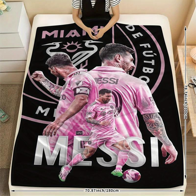 1Pc Messi Football Star Flannel Blanket - HD Digital Print, Ultra-Soft & Warm All-Season Throw for Sofa, Bed, Camping, Car - Perfect Gift for Sports Fans, Him or Her, Contemporary Sports Design, Durable Comfort