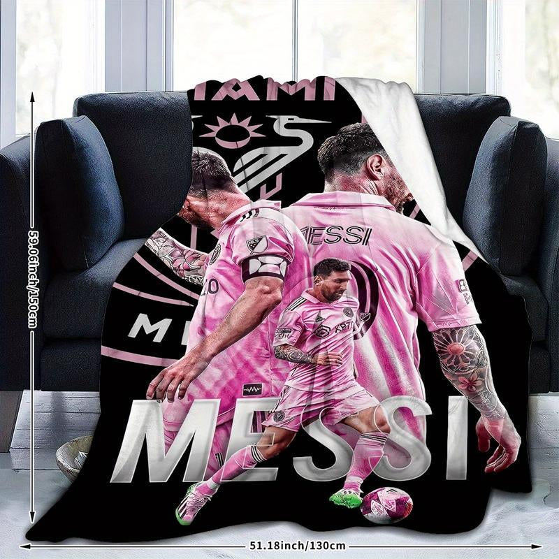 1Pc Messi Football Star Flannel Blanket - HD Digital Print, Ultra-Soft & Warm All-Season Throw for Sofa, Bed, Camping, Car - Perfect Gift for Sports Fans, Him or Her, Contemporary Sports Design, Durable Comfort