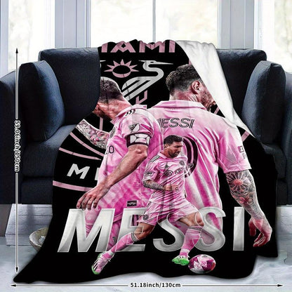 1Pc Messi Football Star Flannel Blanket - HD Digital Print, Ultra-Soft & Warm All-Season Throw for Sofa, Bed, Camping, Car - Perfect Gift for Sports Fans, Him or Her, Contemporary Sports Design, Durable Comfort
